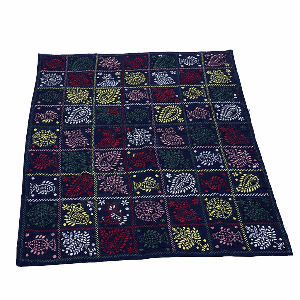 Midnight Grid — handmade navy Nakshi Kantha baby blanket with colorful fish, paisley, and floral motifs