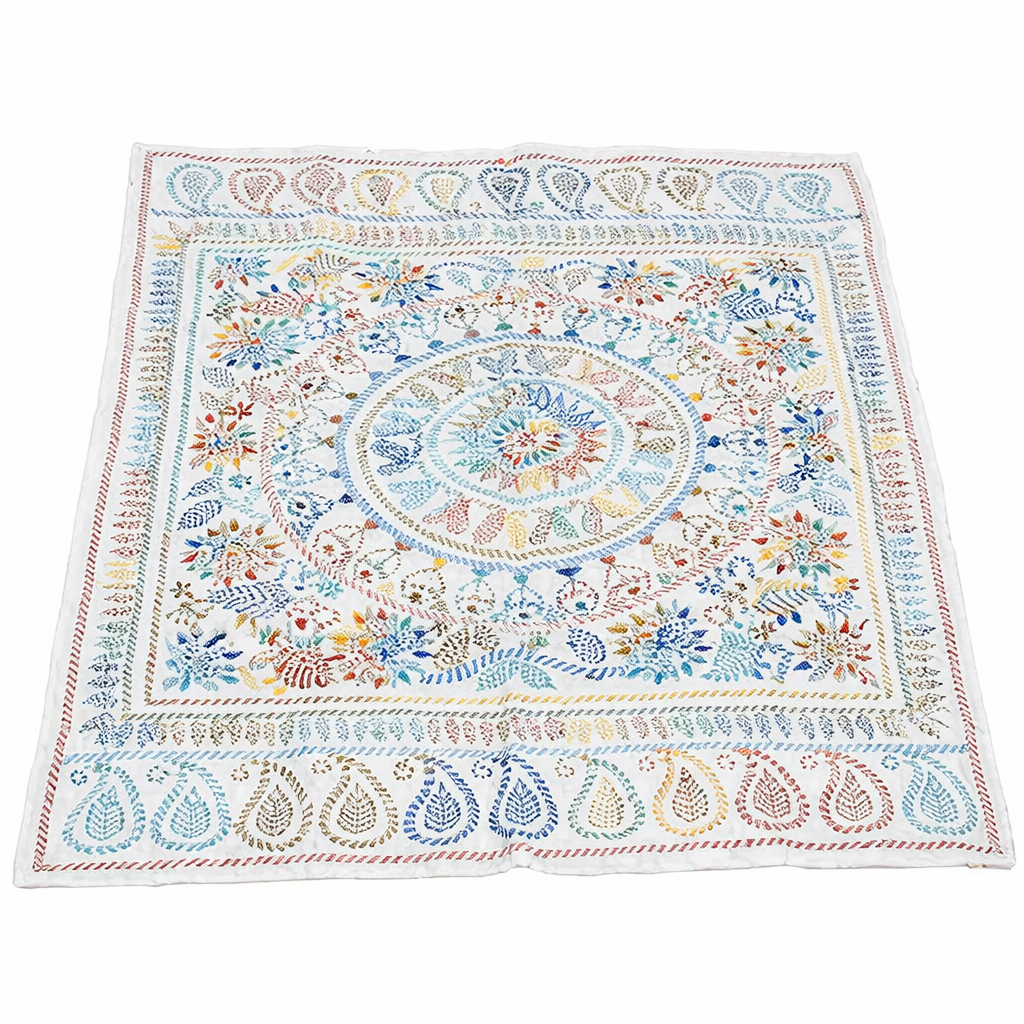Ivory Medallion — handmade cream Nakshi Kantha baby blanket with central medallion and peacock motifs
