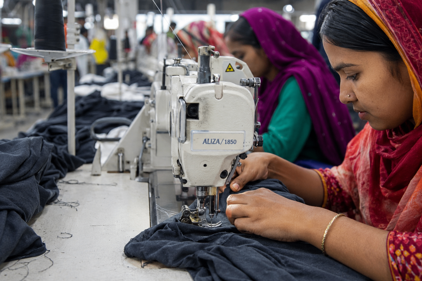 Worker inspecting garment stitching in a Bangladesh factory