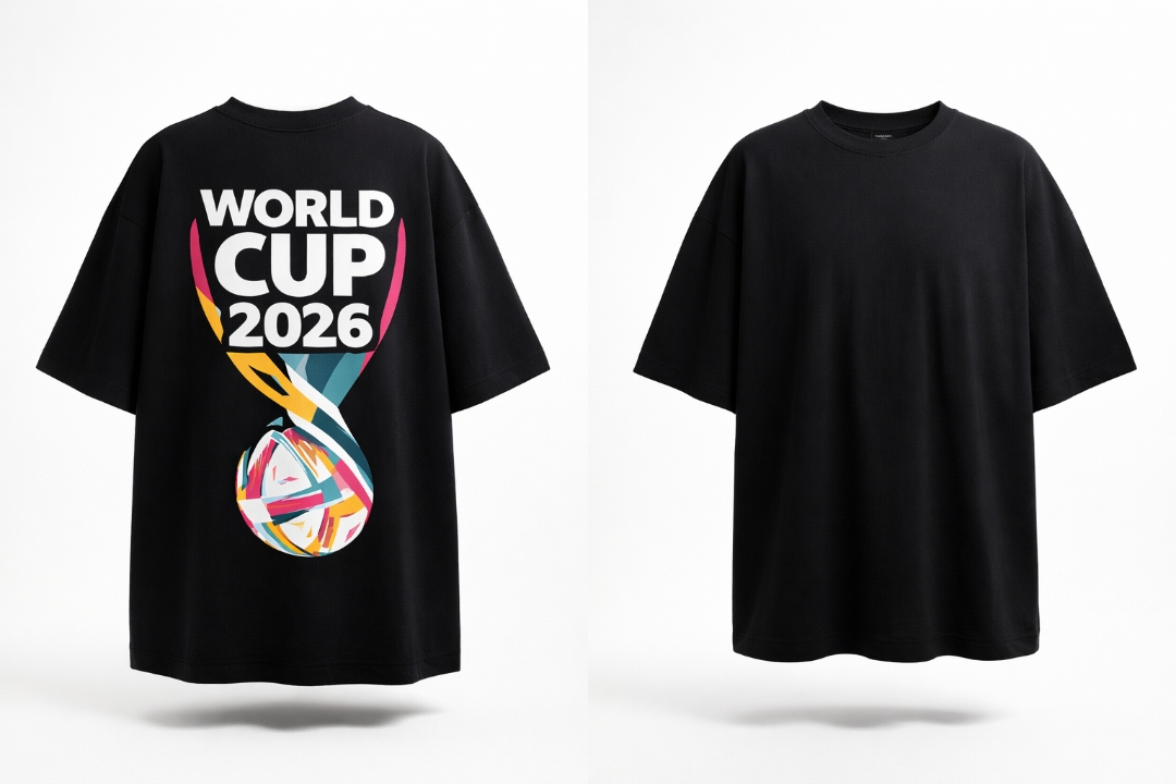 World Cup 2026 Trophy oversized black tee — front and back graphic