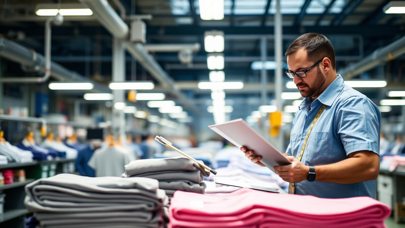 QC inspector reviewing folded heavyweight t-shirts with clipboard on factory floor