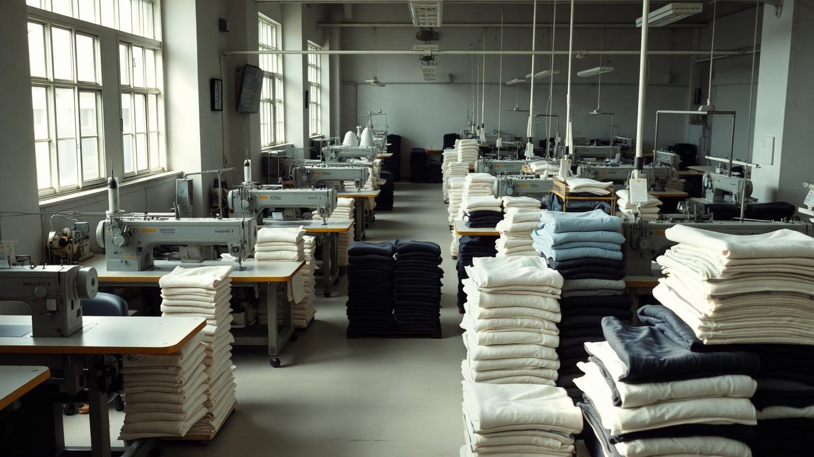 Bangladesh apparel factory floor with rows of sewing machines and folded heavyweight tees