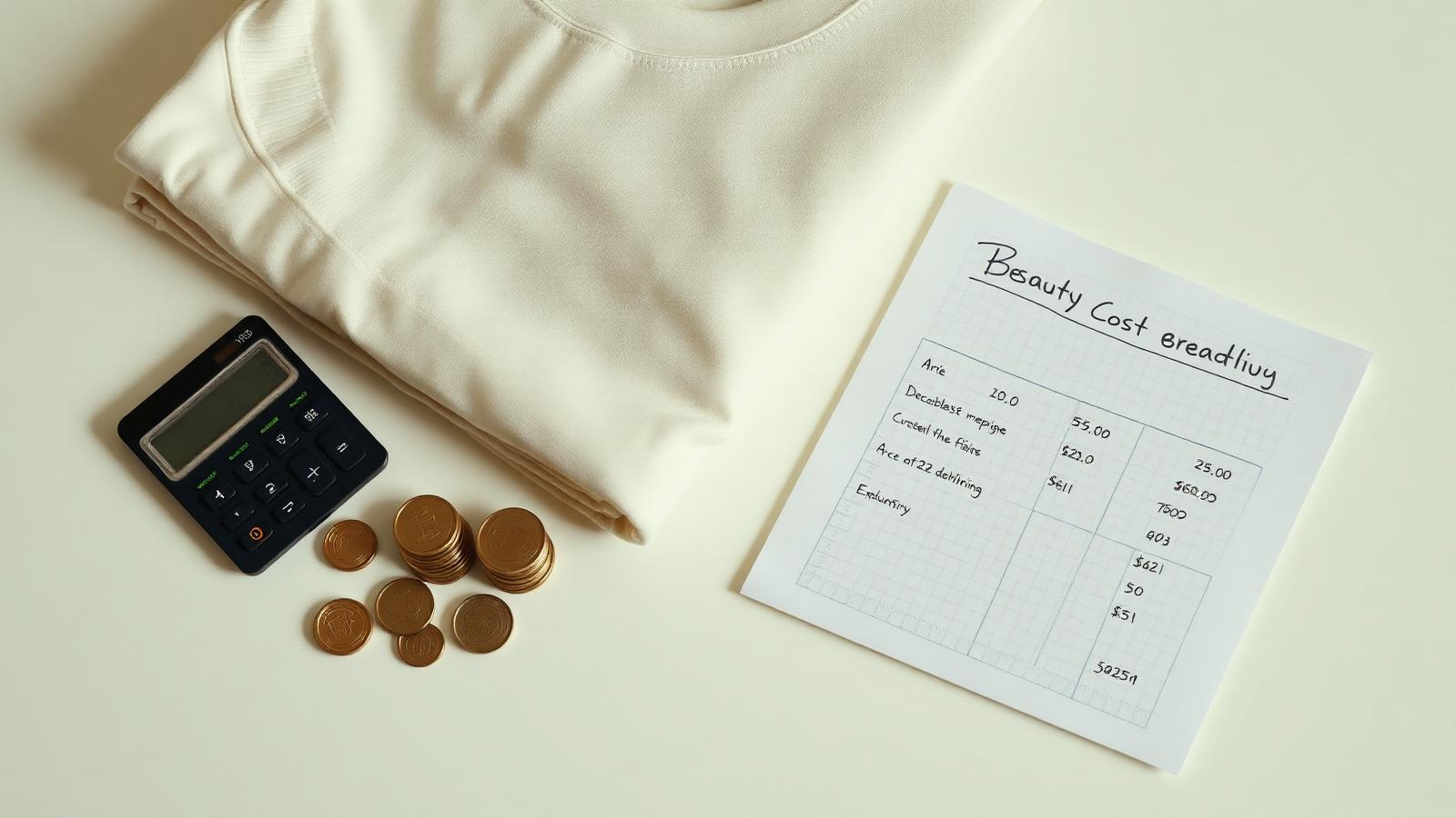 Folded heavyweight cream t-shirt next to calculator, coins and handwritten cost breakdown