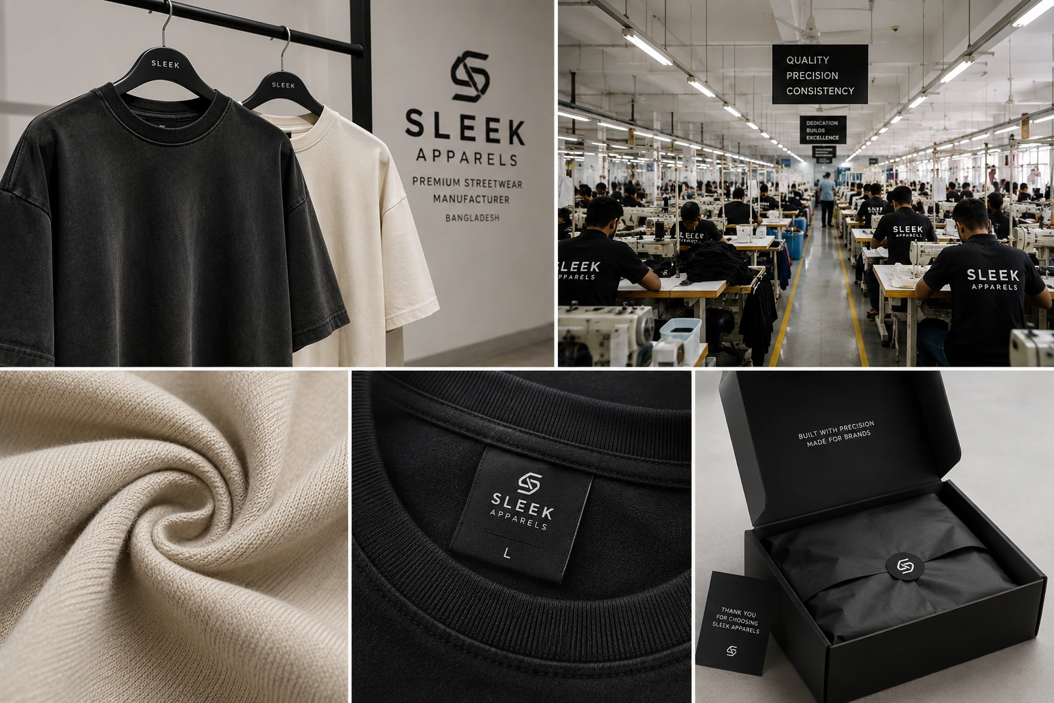 Sleek Apparels craftsmanship — production floor and finished goods