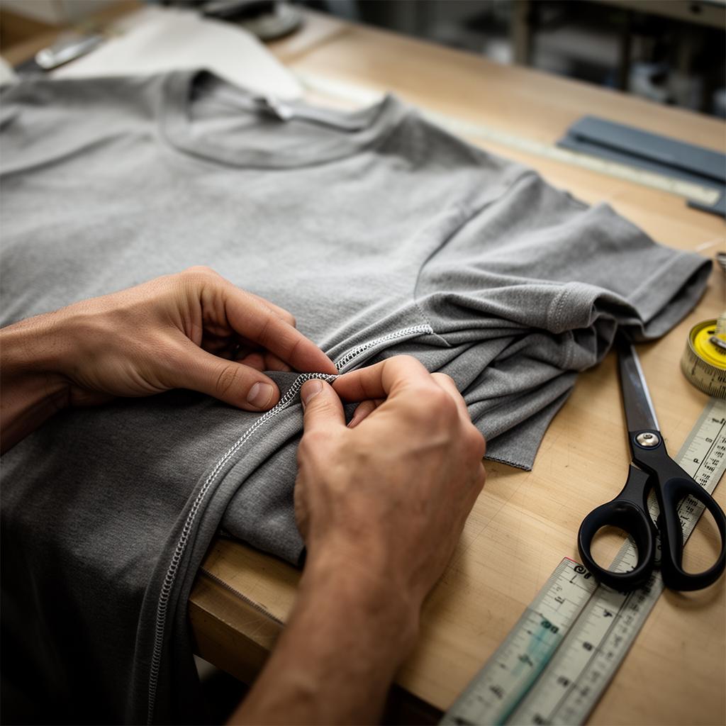 Craftsman inspecting the stitch line of a premium tee at the cutting table