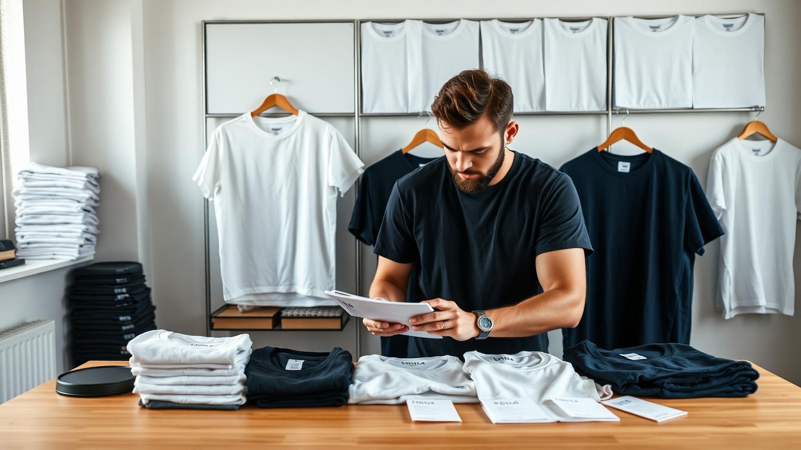 Brand founder reviewing private label t-shirt samples and hangtags on a studio table