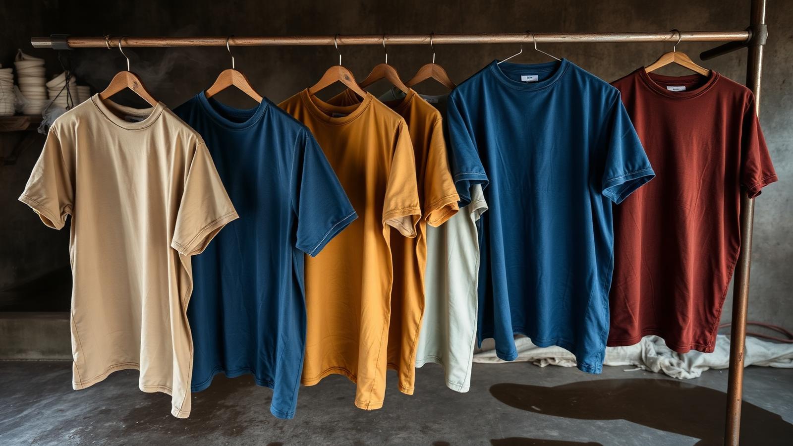 Garment-dyed vintage washed t-shirts in muted earth tones on a steel rack