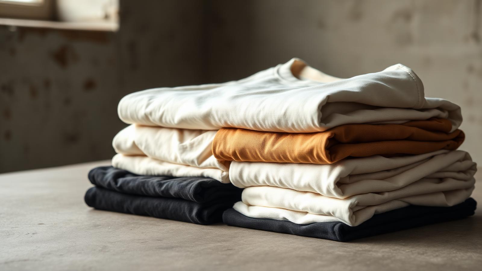 Stack of folded heavyweight cotton t-shirts in cream, sand, charcoal and black