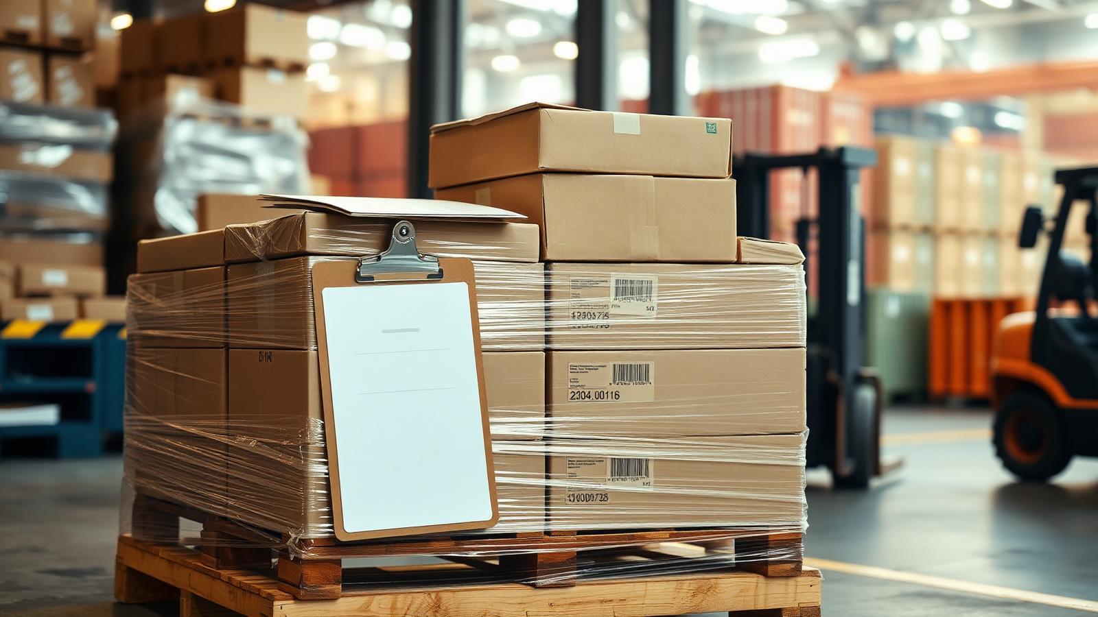 Stretch-wrapped cartons on a wooden pallet on an apparel shipping dock