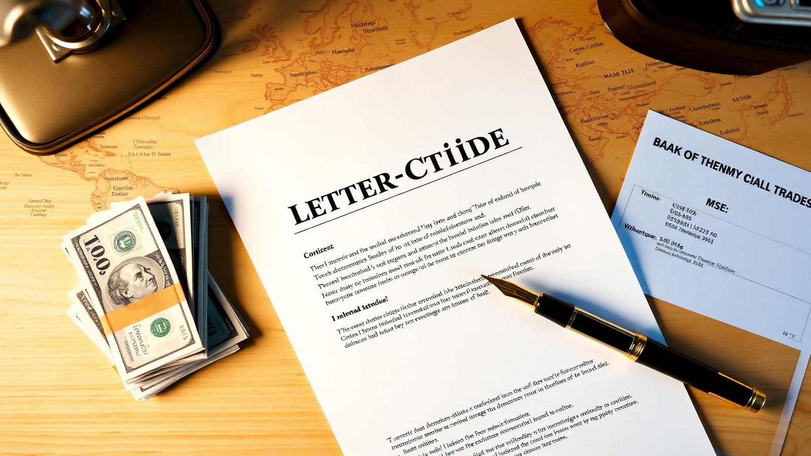 Letter of credit document with USD cash and world map on a desk