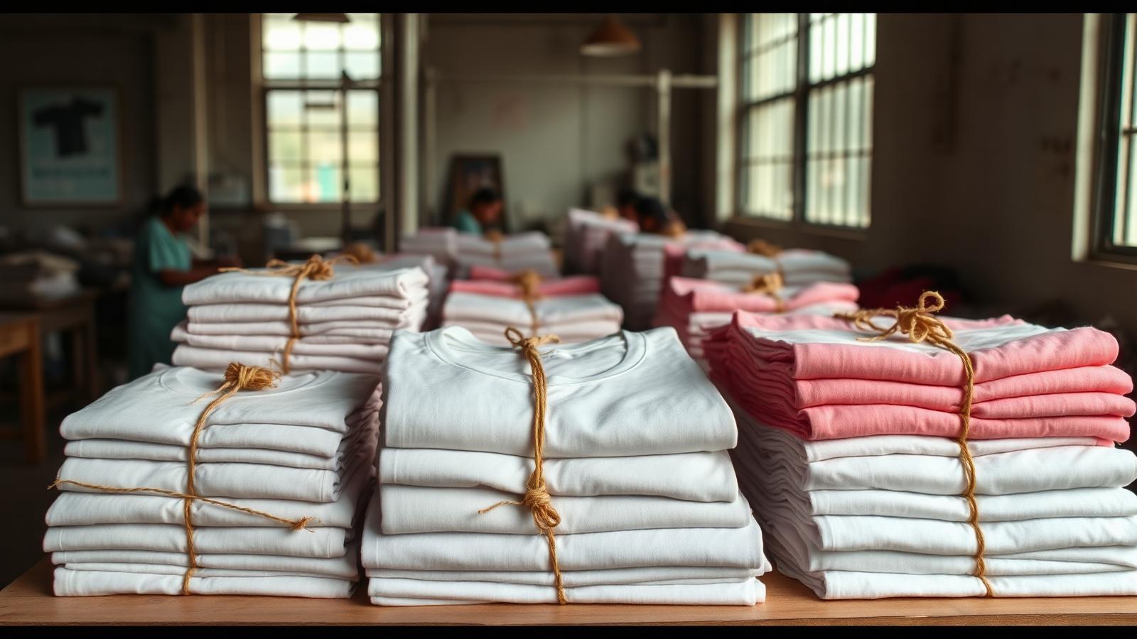 Stacks of blank t-shirt bundles tied with raffia on a factory cutting table