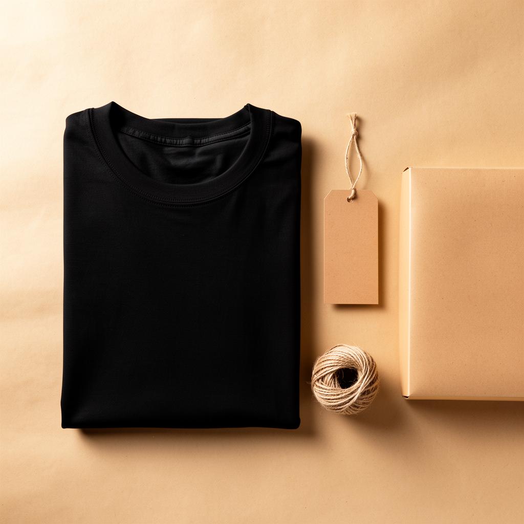 Custom private label kit — folded heavyweight tee, kraft hangtag, twine and recyclable mailer