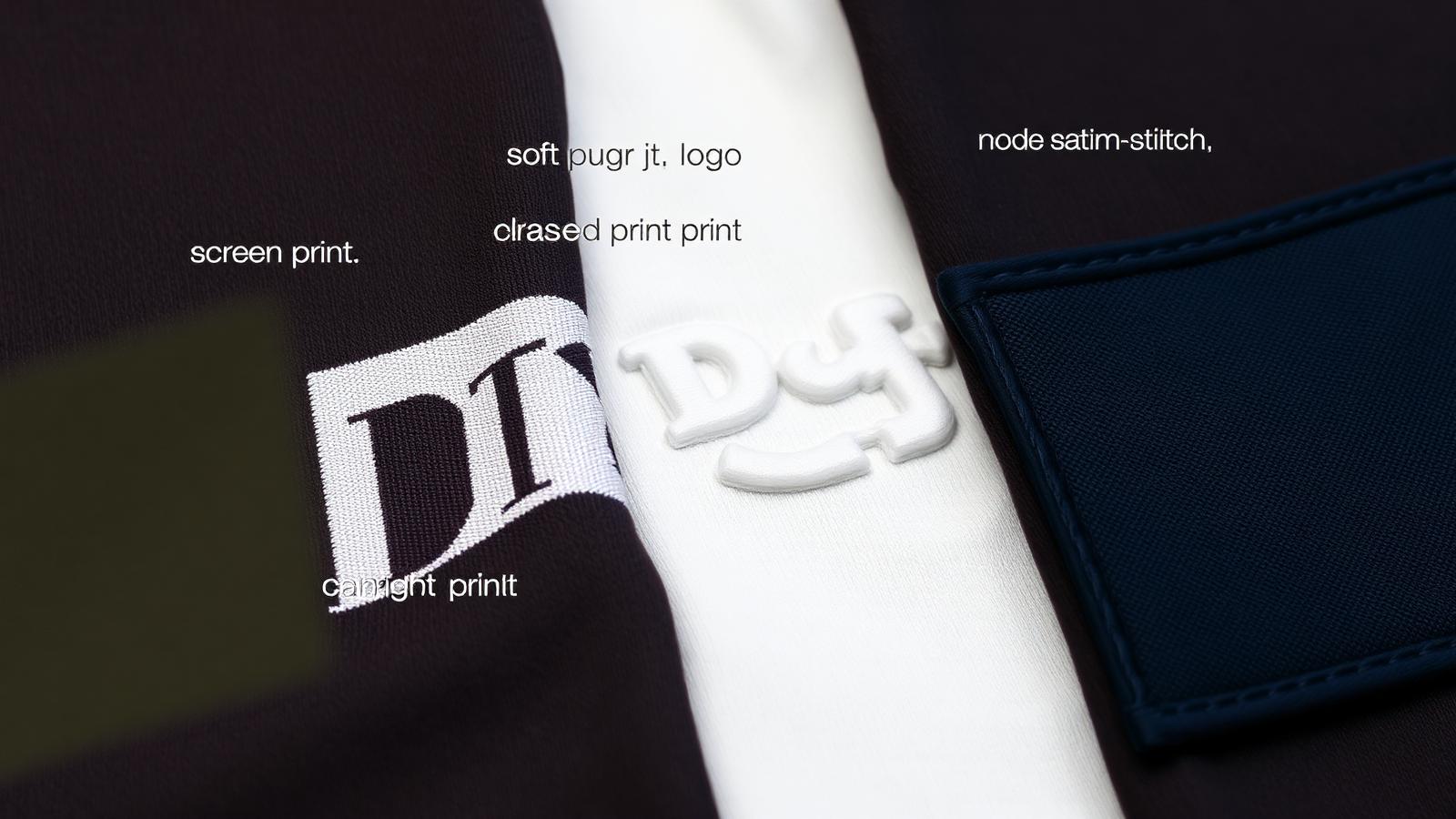 Four print technique samples laid side by side on heavyweight cotton t-shirt fabric