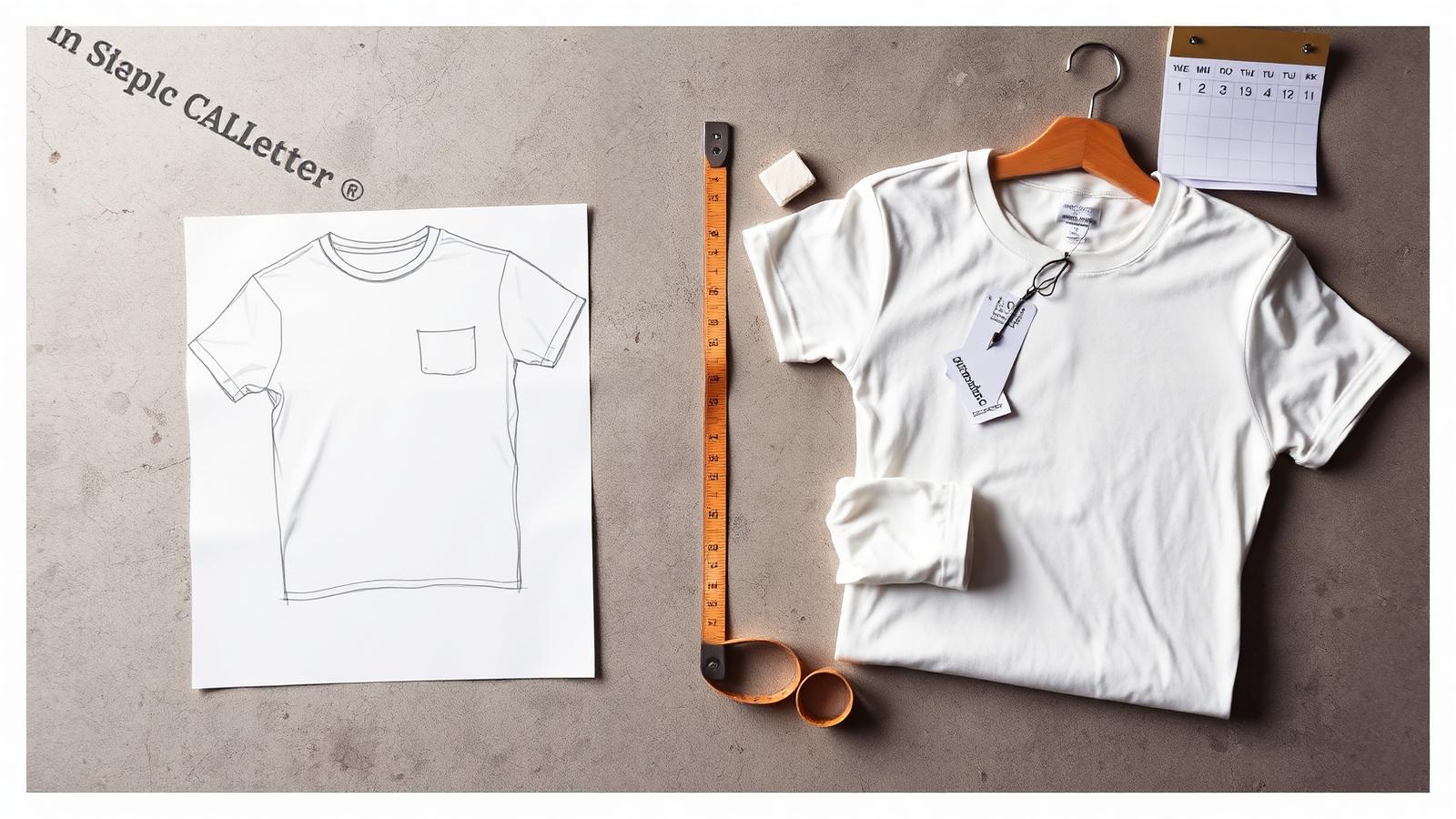 Designer sketch of a t-shirt next to a finished folded tee, calendar and measuring tape