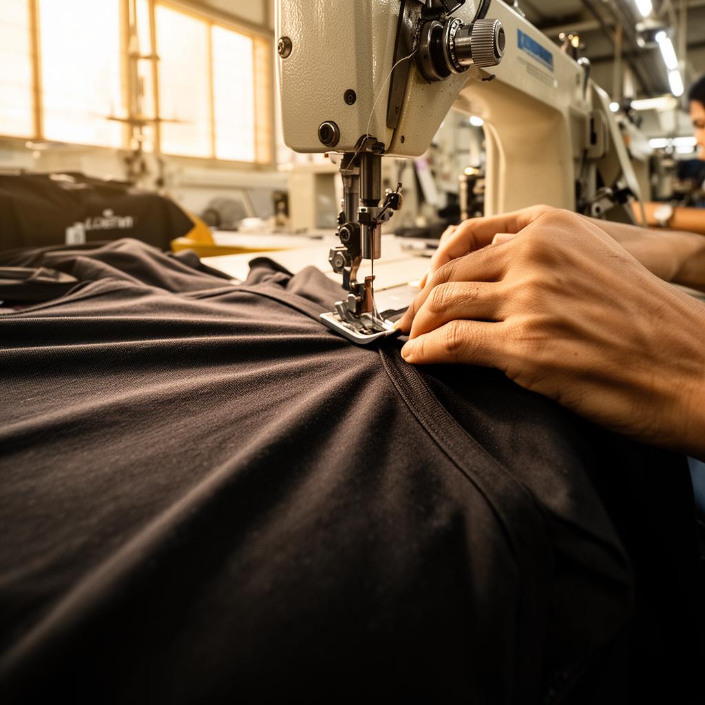 Industrial sewing of a heavyweight black t-shirt at a Bangladeshi garment factory