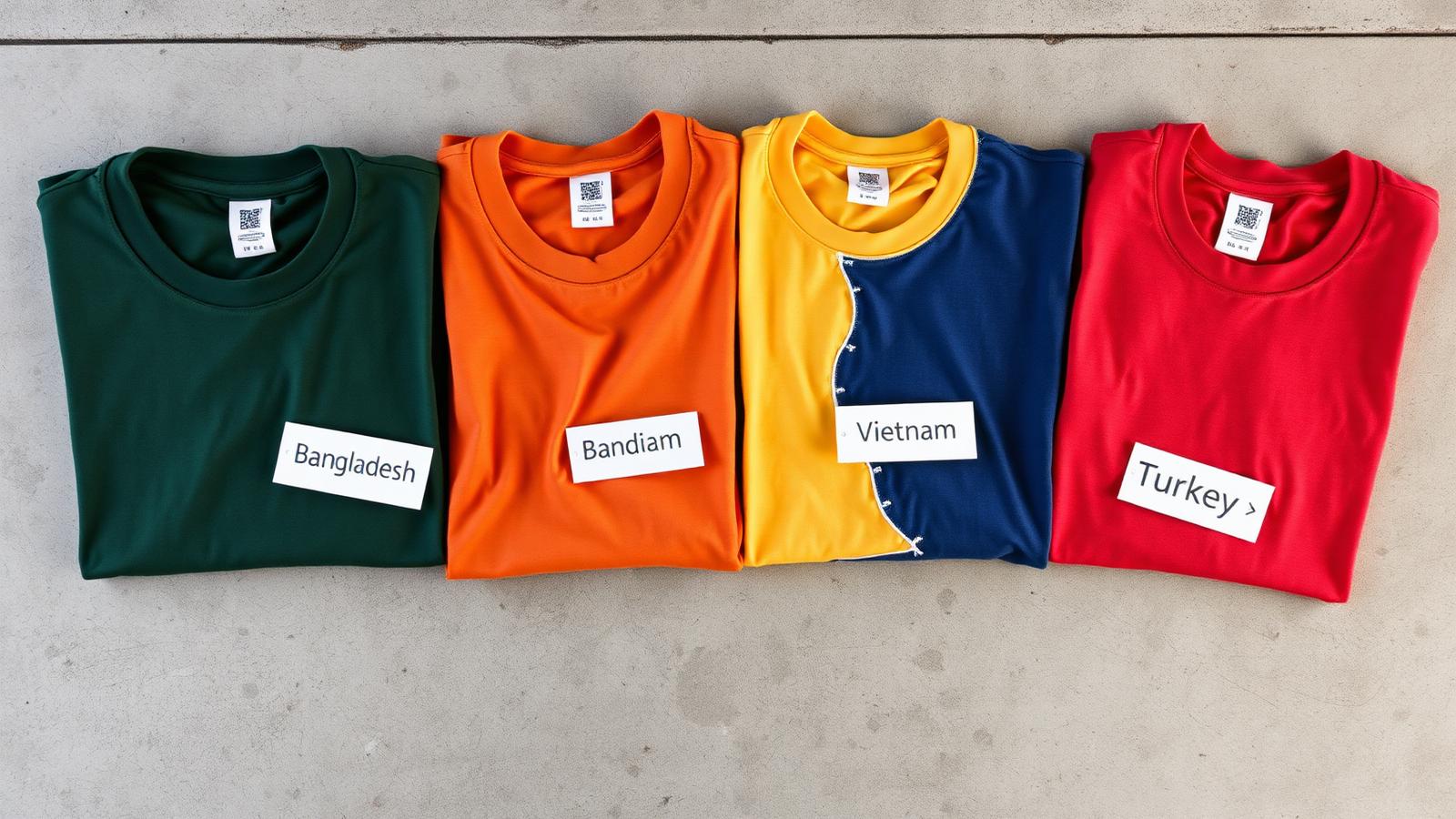 Four folded t-shirts side by side comparing Bangladesh, India, Vietnam and Turkey origin