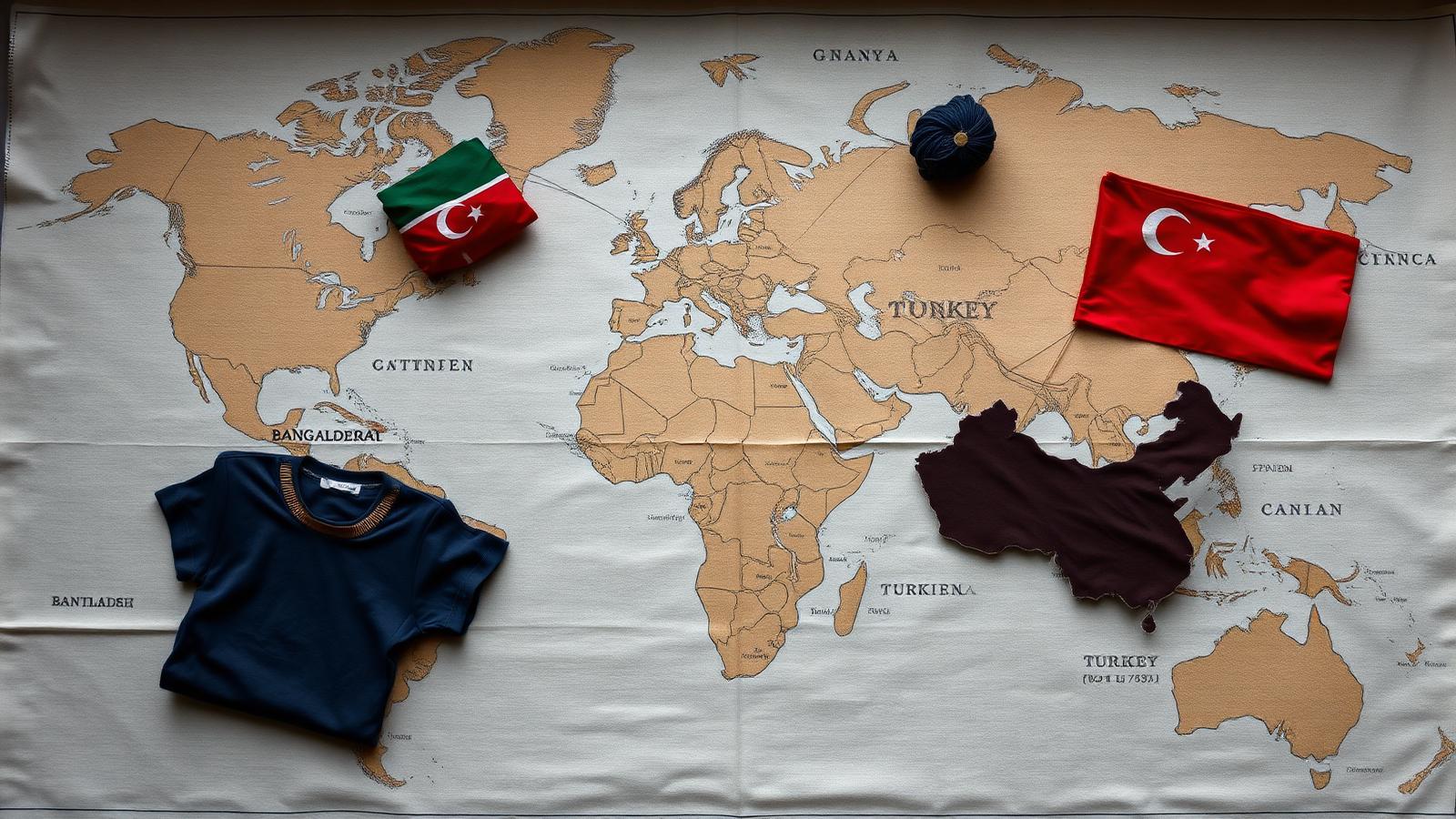World map with folded t-shirts and swatches placed over manufacturing countries
