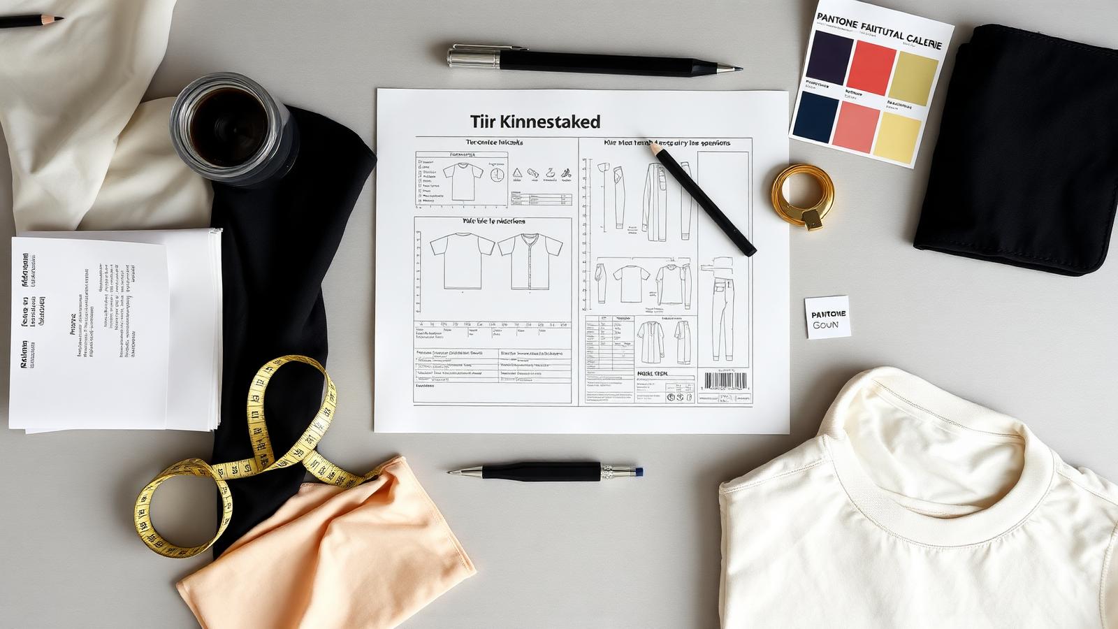 Tech pack drawings, fabric swatches, Pantone chips and a measuring tape on a desk