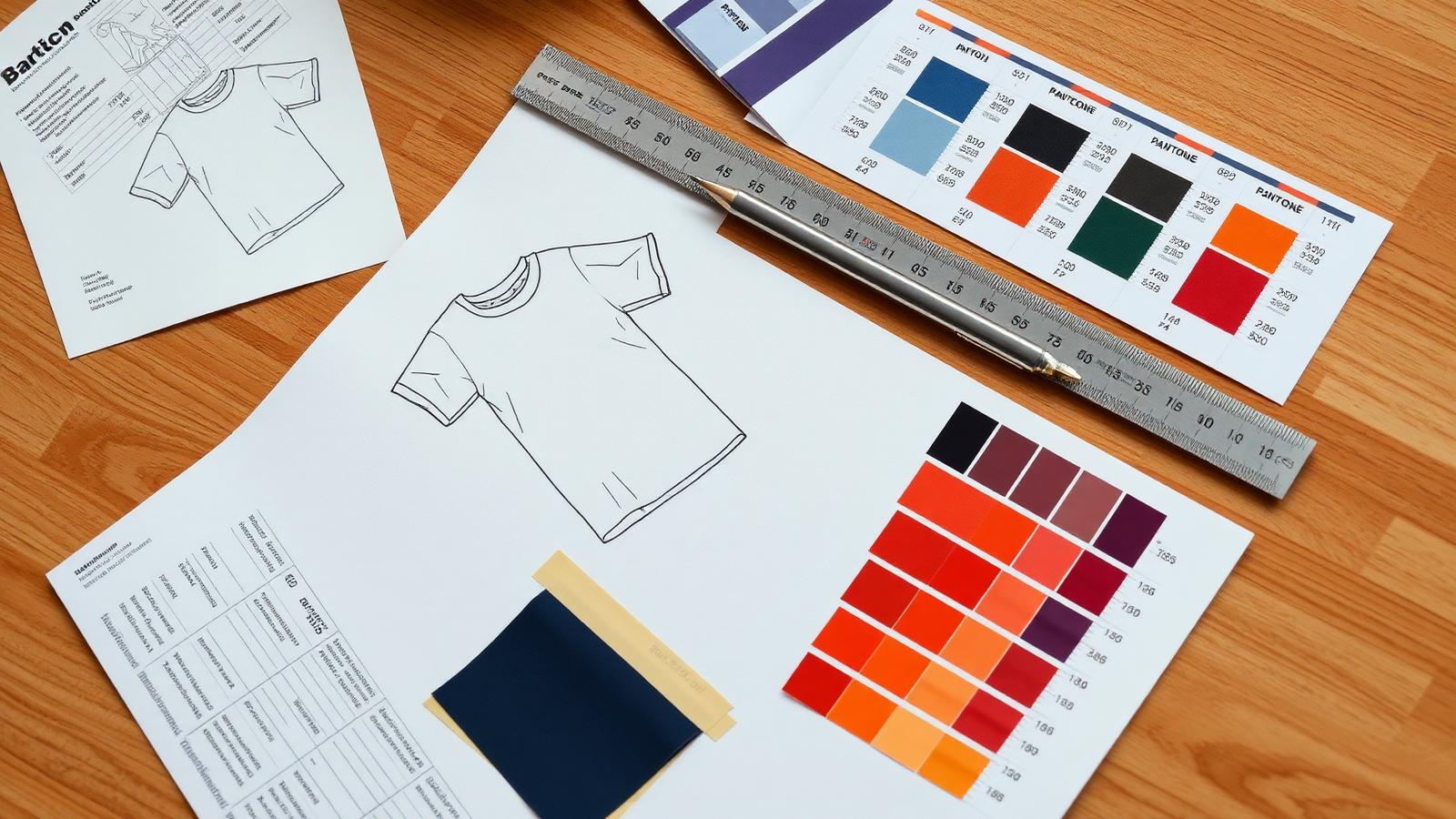 Tech pack drawings with point of measure tables, swatches and Pantone chips