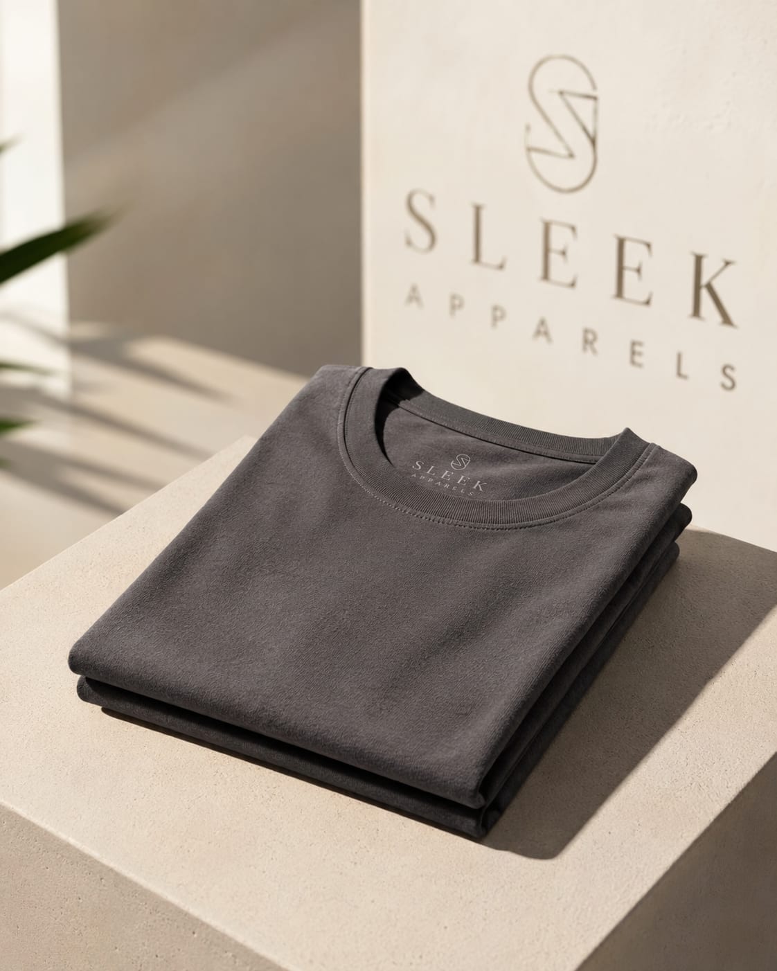 Folded Sleek Apparels custom t-shirts on a display plinth beside the brand logo