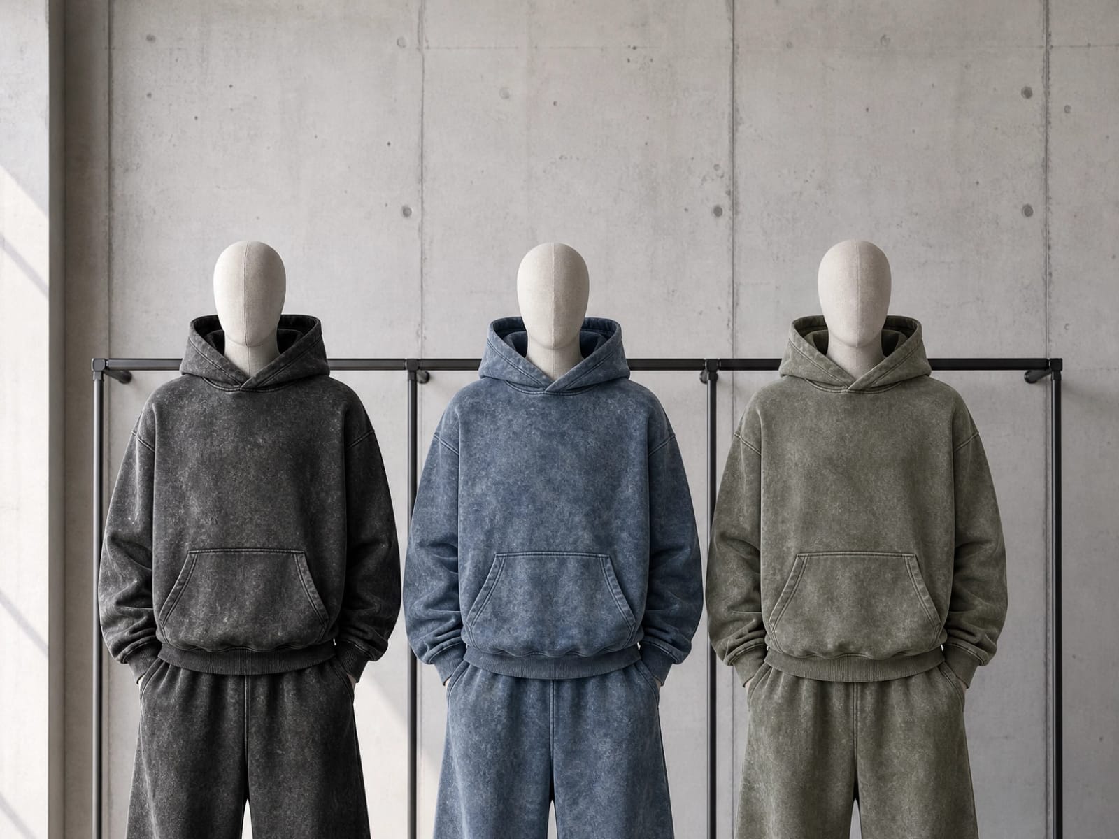 Garment-washed hoodie and sweatpant sets displayed on forms