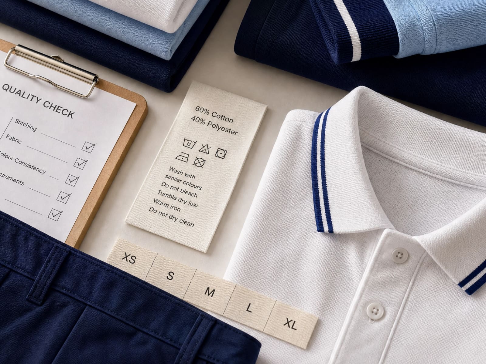 Pique polos with a quality-check sheet, care label and graded size tabs