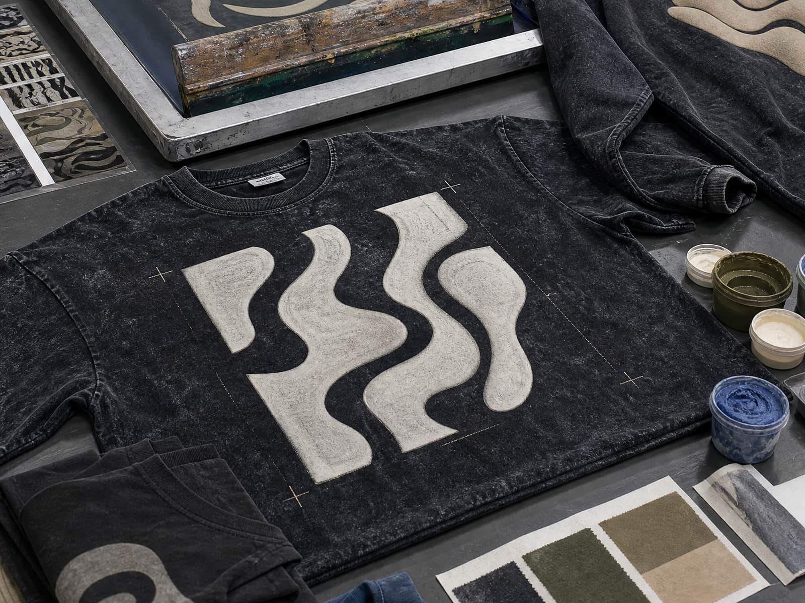 A screen-printing frame and ink pots beside a freshly printed tee