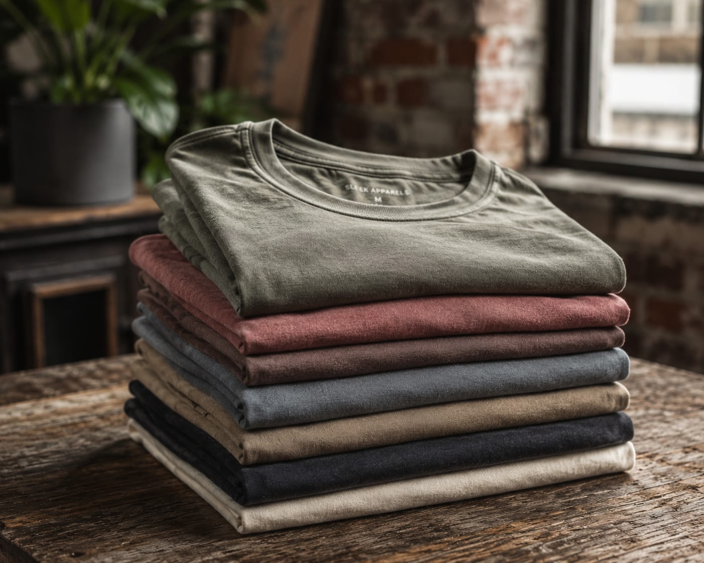 Folded garment-dyed tees in six colourways with woven brand labels
